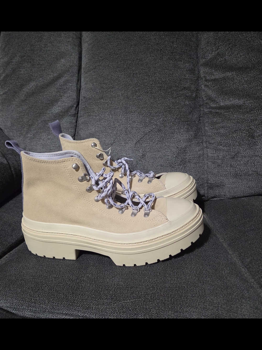 Converse Beige Canvas Platform Lace-Up High-Top Boots with Lavender Accents - Picture 2 of 6